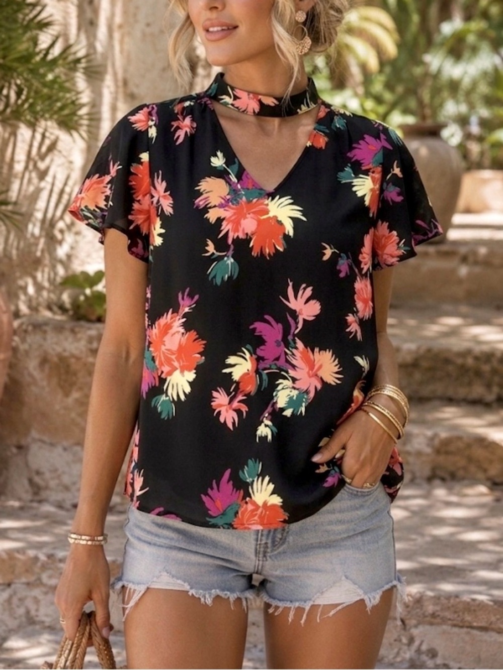 MAEVE BELLA FLORAL CHOKER TOP S FLUTTER SLEEVES KEYHOLE ROMANTIC COQUETTE WHIMSY